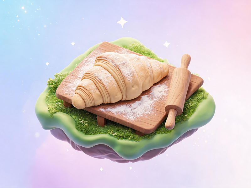 Hands folding dough for croissants on a floured counter