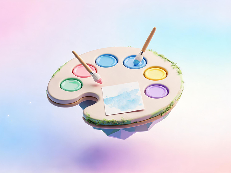 Watercolor paints, brushes, and a small painting on a desk